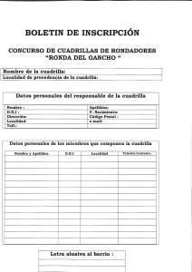 III CONCURSO DE CUADRILLA DE RONDADORES “RONDA DEL GANCHO “ Ficha de inscripción Ronda del Gancho 2016