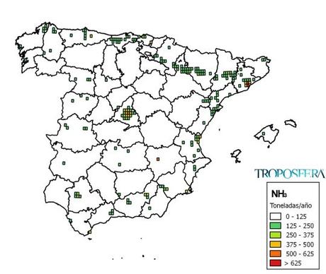 España: Mapa de emisiones de Amoníaco (Inventario EMEP 2013)