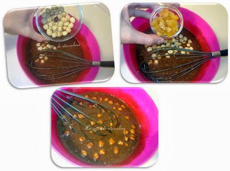 Tarta de hojaldre y chocolate con avellanas y pepitas de naranja confitada