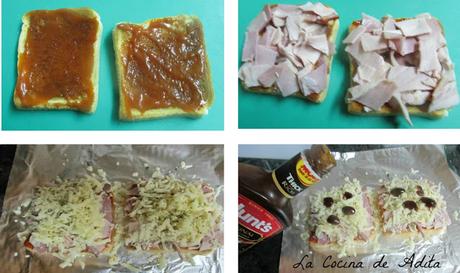 Canapés-pizzas con salsa barbacoa