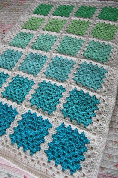 Crochet Granny Square Baby Afghan Blanket - Aquaholic - Aquas and Greens on White: 