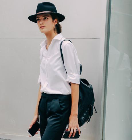 white shirt, black classic troussers and borsalino