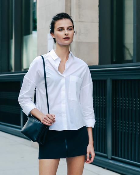 white shirt and black mini skirt