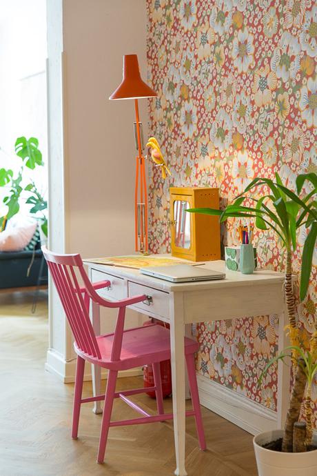 painted furniture, work space, floral wallpaper