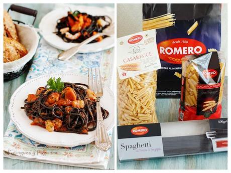 Espaguetis al nero di sepia con mejillones y gambas