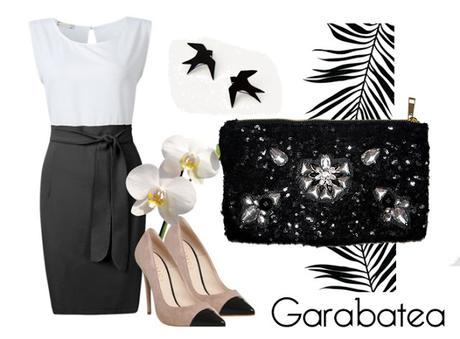 Combinar vestido blanco y negro y clutch joya Garabatea