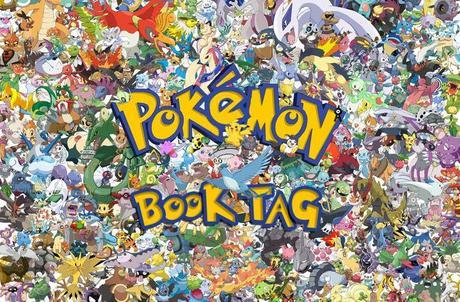 Imagen del Pokemon BookTag, donde se ven a un gran número de Pokemon juntos y comprimidos, con las letras de color amarillo oro y borde azul.
