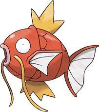 Imagen de Magikarp, Pokemon pez rojo con aleta superior e inferior y bigotes amarillos.