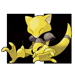Imagen de Abra, Pokemon que parece un alien, con una especie de hombreras y coraza grises, cola larga y de color amarillo sucio.