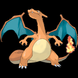 Imagen de Charizard, Pokemon con forma de dragón europeo, color naranaja, alas verdes, y en la punta de la cola una llama.
