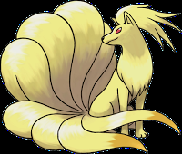 Imagen de Ninetales, Pokemon perro con nueve largas colas de color amarillo claro, igual que el cuerpo, salvo las puntas de las colas, que son naranja suave.
