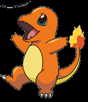Imagen de Charmander, Pokemon que se asemeja a una lagartija de color naranja, ojos azules y una llama al final de su cola.