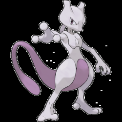 Imagen de Mewtwo, Pokemon humanoide parecido a un alien, de color gris, con barriga y cola violeta.