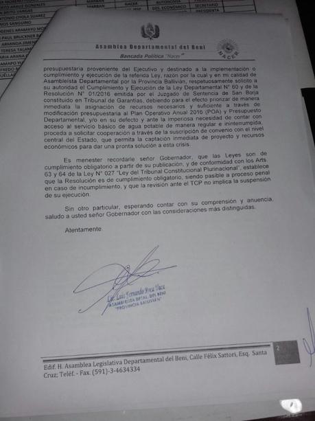 Asambleísta Roca, le recuerda al Gobernador el cumplimiento de la Ley Departamental 060/2016