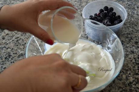 Tarta fria de yogur griego y moras silvestres