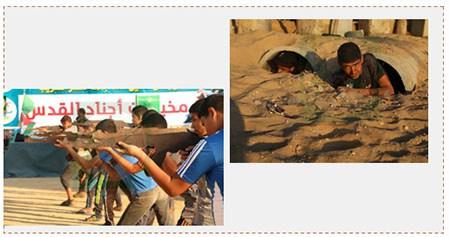 A la dertecha: entrenamiento dentro de un túnel en el campamento de verano en Khan Younis. A la izquierda: Entrenamiento con réplicas de pistolas en madera, en el campamento del distrito de Rafiah (página facebook de los campamentos de los” pioneros de la liberación”, 17 de julio de 2016)