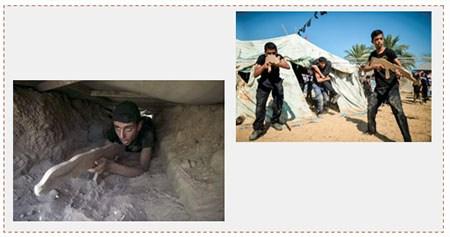 A la derecha: Alumnos del campamento de verano simulan el secuestro de un soldado de Tzáhal armados con réplicas de pistolas en madera. A la izquierda: Un alumno del campamento se arrastra en un túnel (facebook Quds.net, 16 de julio de 2016)