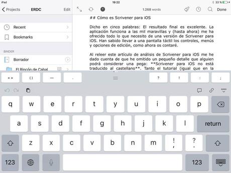 Scrivener para iOS teclado