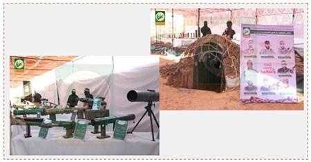 Exposición en una de las posiciones del brazo militar. A la derecha: Modelo de túnel y a su lado un cartel inmortalizando a los activistas de la organización que murieron durante su actividad en los túneles. A la izquierda: Una variedad de lanzadores de cohetes que están en uso en la organización (página facebook de los campamentos “pioneros de la liberación”, 21 de julio de 2016)