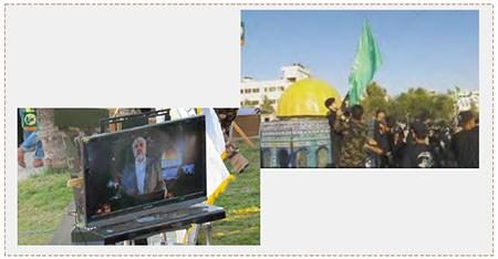 Ceremonia de finalización del primer ciclo de los campamentos de verano. A la derecha: Modelo de control sobre el Monte del Templo. A la izquierda: Discurso grabado de Khaled Mashal (página facebook de los campamentos de verano, 21 de julio de 2016)