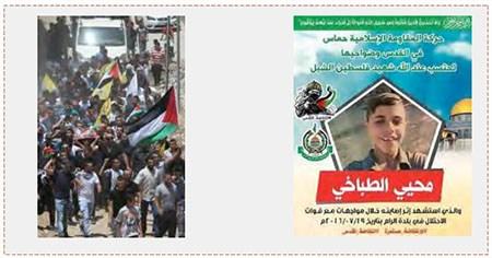 A la derecha: Mensaje de duelo publicado por Hamás por la muerte del joven Al Tabakhi (página facebook de Hamás en Jerusalén, 20 de julio de 2016). A la izquierda: El entierro de Al Tabakhi en al Ram, se pueden ver banderas de Fatah (WAFA, 20 de julio de 2016). Aparentemente se trata de un joven que murió durante un conflicto local