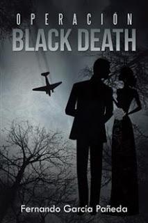 Portada de la novela de Fernando García Pañeda Operación Black Death, donde se pueden ver las siluetas de un hombre y una mujer, con un avión al fondo.