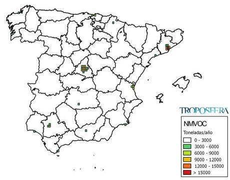 España: Mapa de emisiones de NMCOV (Inventario EMEP 2013)