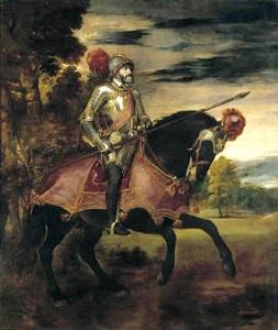 Carlos V a caballo en Mühlberg, por Tiziano. Cuadro de Carlos V con vestimentas de guerra. Museo del Prado, Madrid.