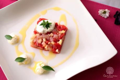 TARTAR DE GAMBAS, SANDÍA Y PEPINO, CON AOVE ARBOSANA