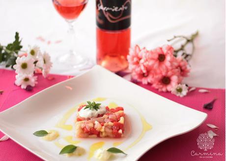 TARTAR DE GAMBAS, SANDÍA Y PEPINO, CON AOVE ARBOSANA