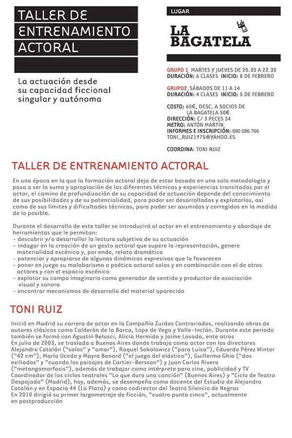 Taller de Entrenamiento Actoral a cargo de Toni Ruiz (Argentina)