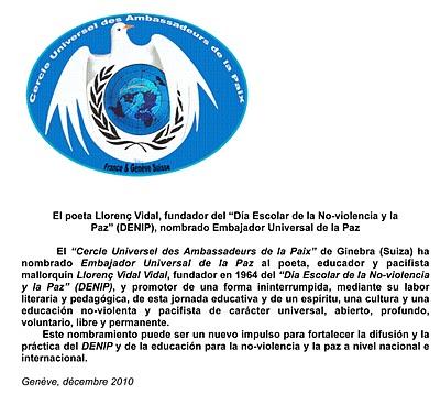 Llorenç Vidal, Embajador Universl de la Paz