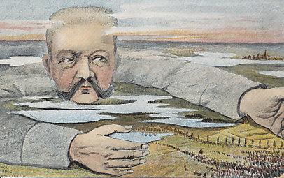 German General Paul von Hindenburg luring a Russian army into the Masurian Lakes. In the %+%Event%m%40%n%Battle of Tannenberg%-%, the Germans destroyed the Russian Second Army, killing 50,000 and taking 90,000 prisoners. The Russian First Army managed to escape the same fate in the %+%Event%m%41%n%First Battle of the Masurian Lakes%-%. The postcard was sent from France September 11, 1915.
Reverse:
Die masurische Falle.
The Masurian trap.