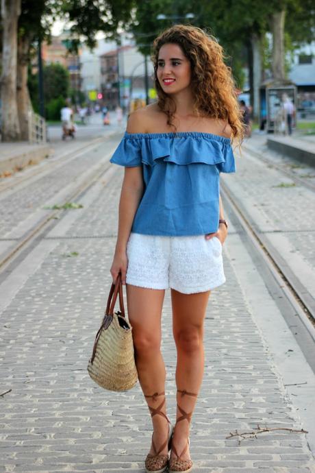 Denim top and crochet shorts