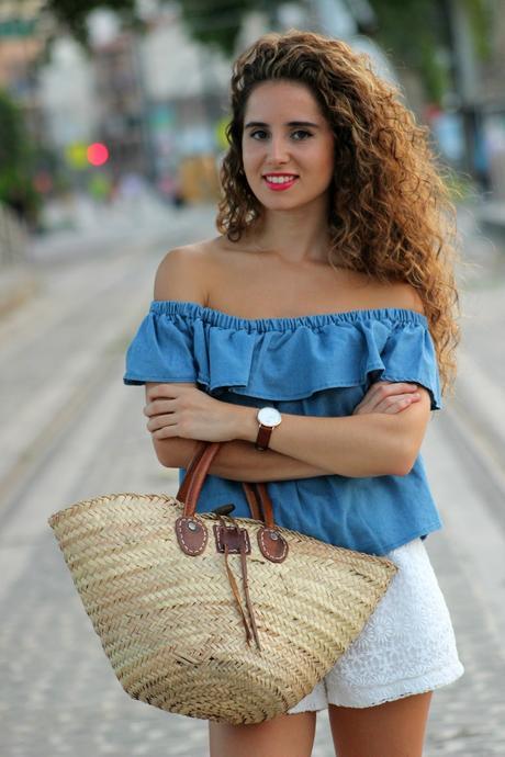 Denim top and crochet shorts