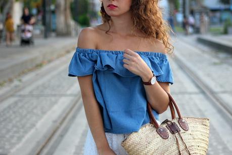 Denim top and crochet shorts