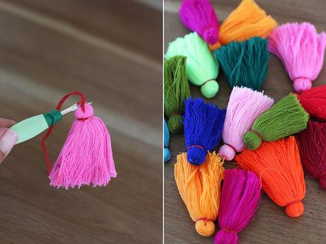 diy: bolso estilo boho con pompones de colores