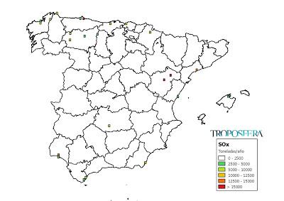 España: Mapa de emisiones de SO2 (Inventario EMEP 2014)