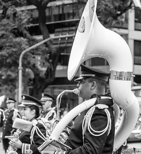 Músico Banda con una gigante tuba en desfile militar.