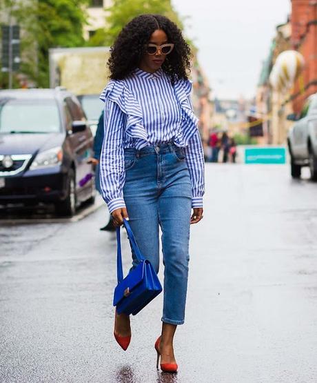 AUTUMN MUST; RUFFLED STRIPED BLOUSE.-