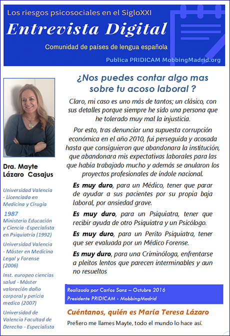 Entrevista: Es duro para un Médico, no poder ayudar a sus pacientes por su propia baja laboral, por mobbing Entrevista: Es duro para un Médico, no poder ayudar a sus pacientes por su propia baja laboral, por mobbing