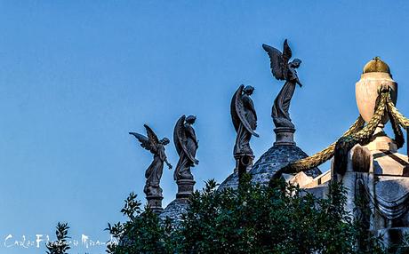 Esculturas de angeles en lo alto del cementerio de la Recoleta.