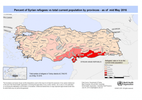 Porcentaje de población siria en Turquía por provincias. Fuente: OMS vía ReliefWeb