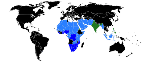 La poliginia es legal en los países en azul claro y se practica con cierta pasividad de las autoridades en los países en azul oscuro. Eritrea, Filipinas, India, Singapur y Sri Lanka (en verde) la permiten solo a los ciudadanos musulmanes. Fuente: Wikimedia