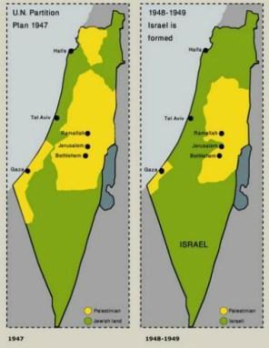 Israel antes (izquierda) y después (derecha) de la Primera Guerra Árabe-Israelí. Fuente: Angry Meditations