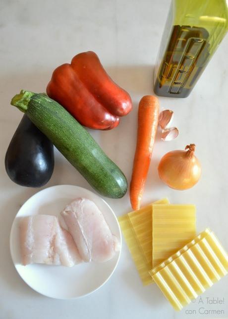 Lasaña Fría de Verduras, Merluza y Gambas