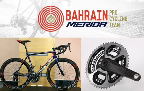 El medidor de potencia de SRM se presento junto a la bicicletas del equipo profesional Bahrain-Merida.