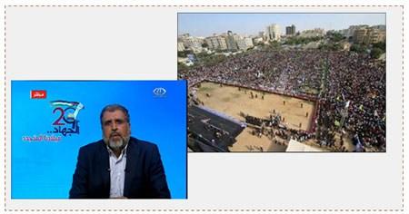 A la derecha: La asamblea de la Yihada Islámica en Gaza para conmemorar el  29 aniversario de su fundación (Pal Today, 21 de octubre de 2016). A la izquierda: El discurso de Ramadán Shallah, Secretario General de la organización, cuyo discurso fue presentado sobre una pantalla de video (Maan, Dunya al Watan, Pal Today, 21 de octubre de 2016)