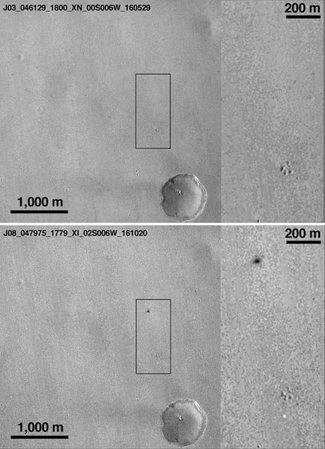 Imagen: Comparación de la superficie antes (arriba) y después (abajo) de la llegada de Schiaparelli. Aparece el cráter de Schiaparelli (mancha negra) y el paracaídas (mancha banca) en la imagen tomada por la sonda Mars Reconnaissance Orbiter (MRO). Crédito: NASA/JPL-Caltech/MSSS.