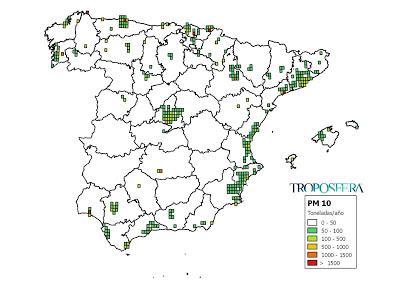 España: Mapa de emisiones de PM10 (Inventario EMEP 2014)